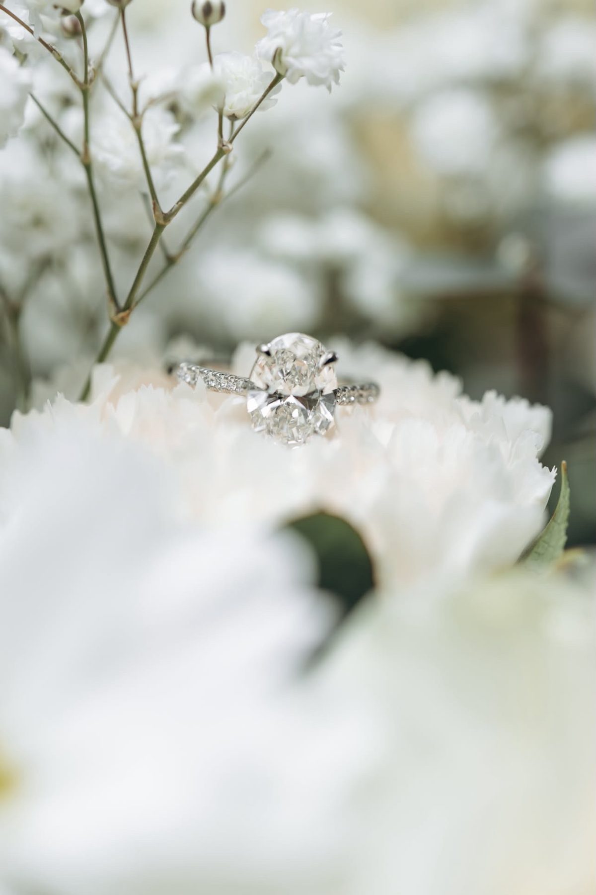 Engagement ring resting among white flowers